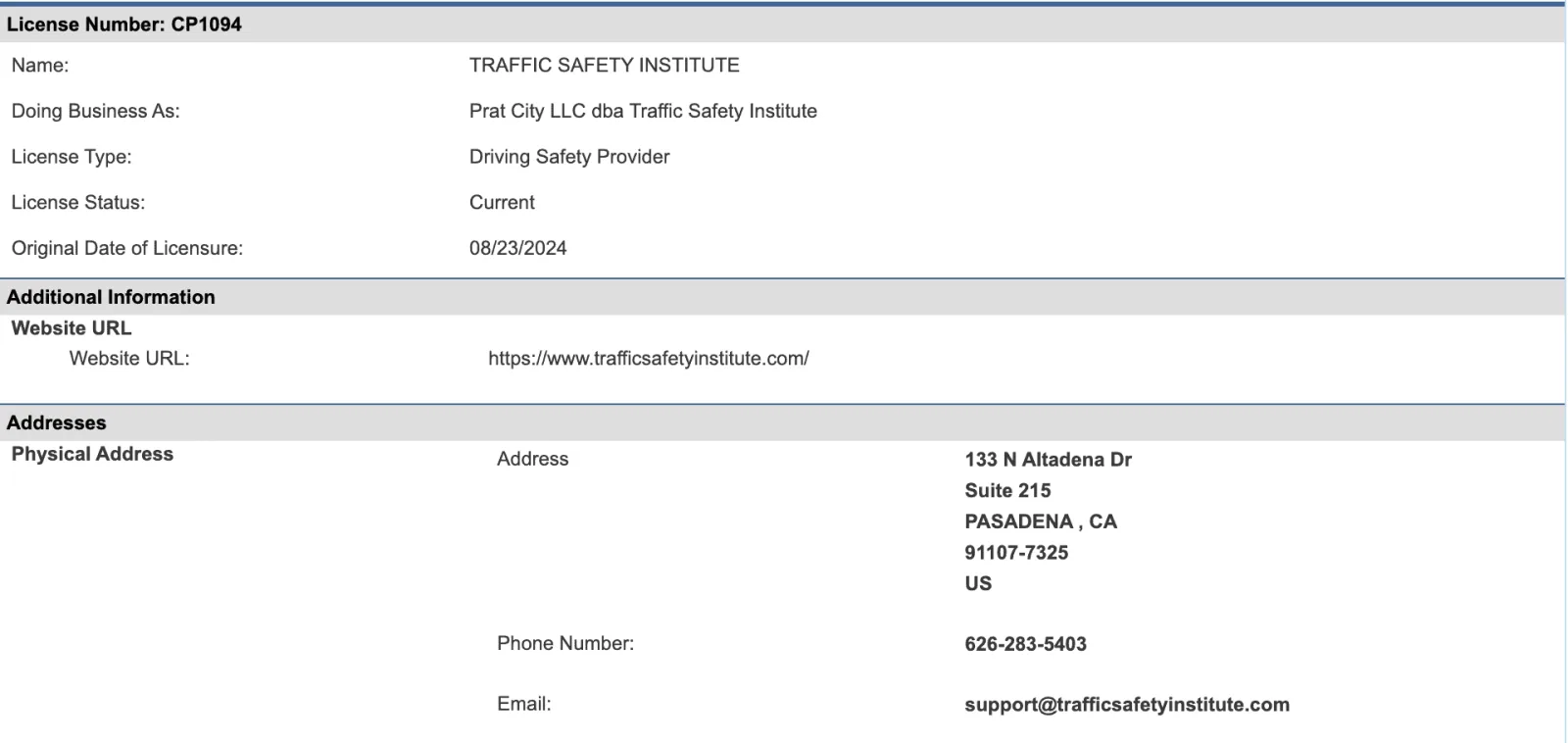 TX TDLR Licensed Driver Safety Course #CP1094 — Traffic Safety Institute