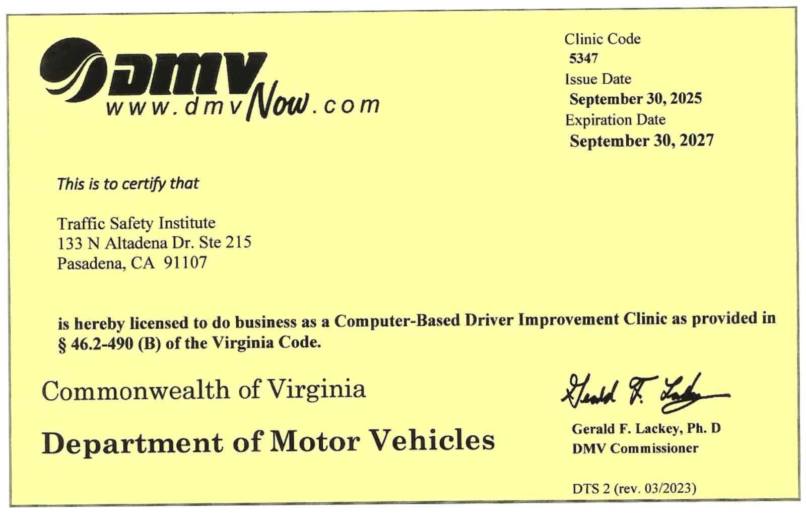 VA DMV Licensed Driver Improvement Clinic #5347 — Traffic Safety Institute